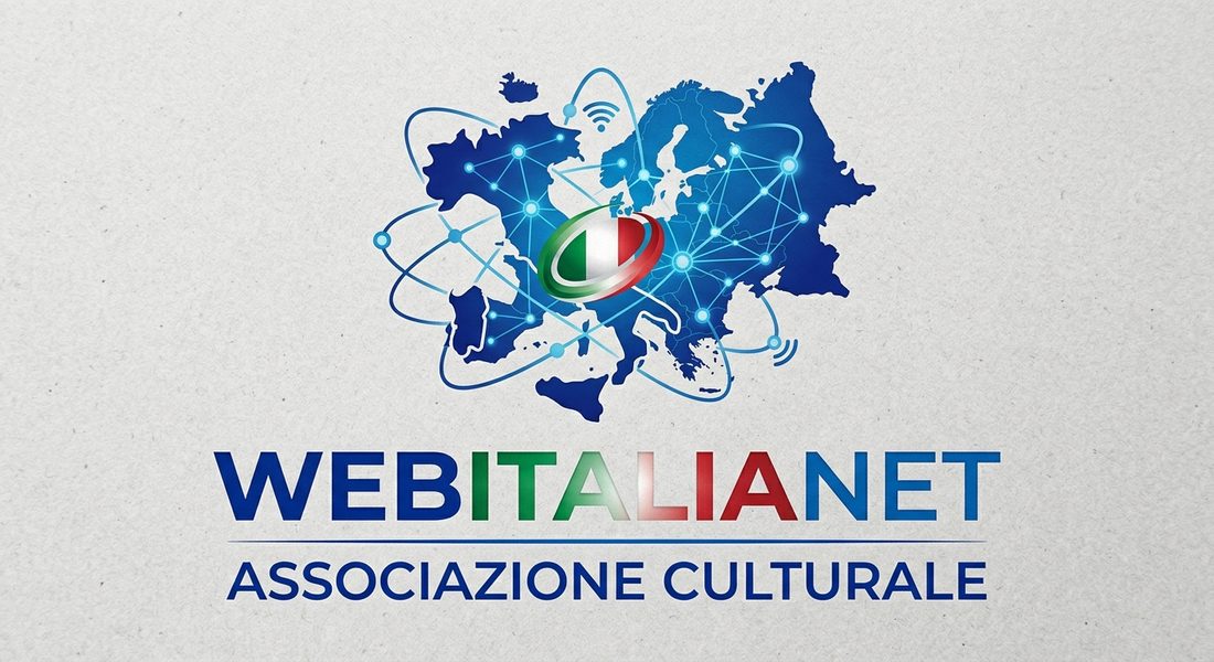 Logo WEBITALIANET Associazione culturale: la mappa dell'Europa con una rete di connessioni e il tricolore italiano al centro